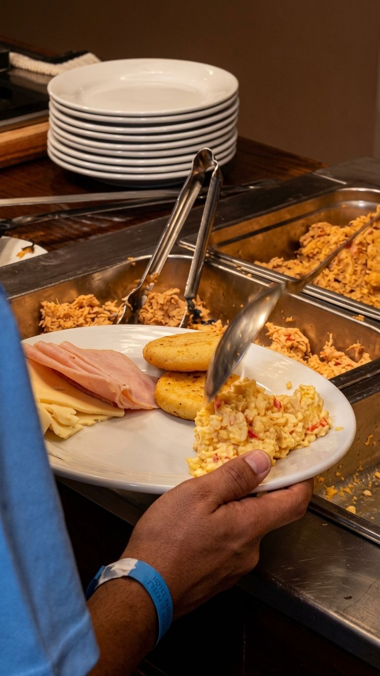 A buffet setup with various food items and utensils.