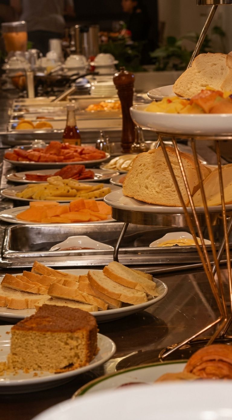 A buffet with various food items and bread.