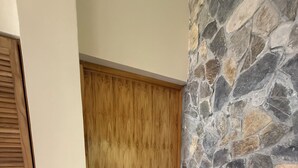 A wooden door, a stone wall, and a wooden floor.