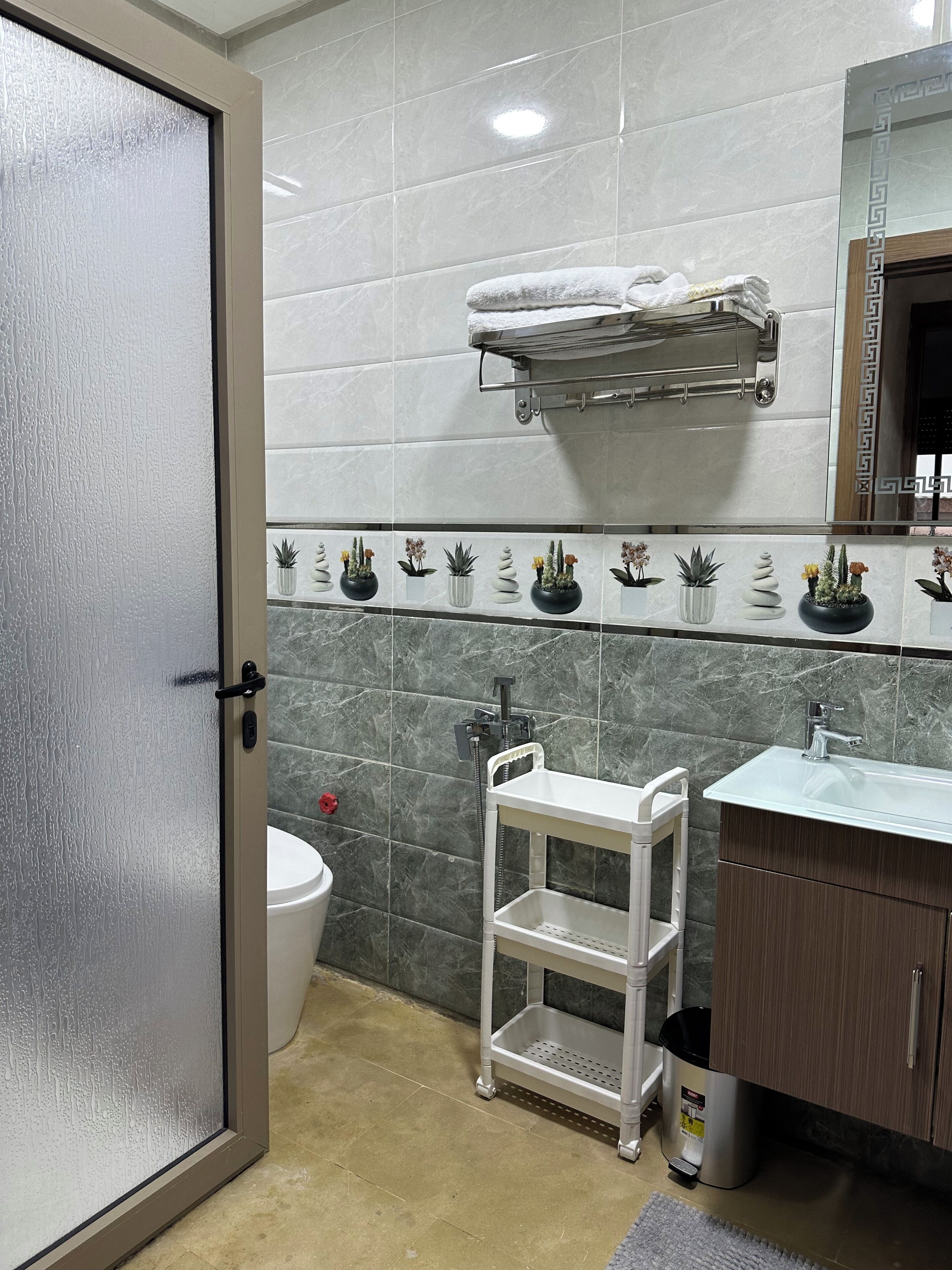 Un baño con inodoro, lavamanos, espejo, toallero y repisa con plantas en macetas.