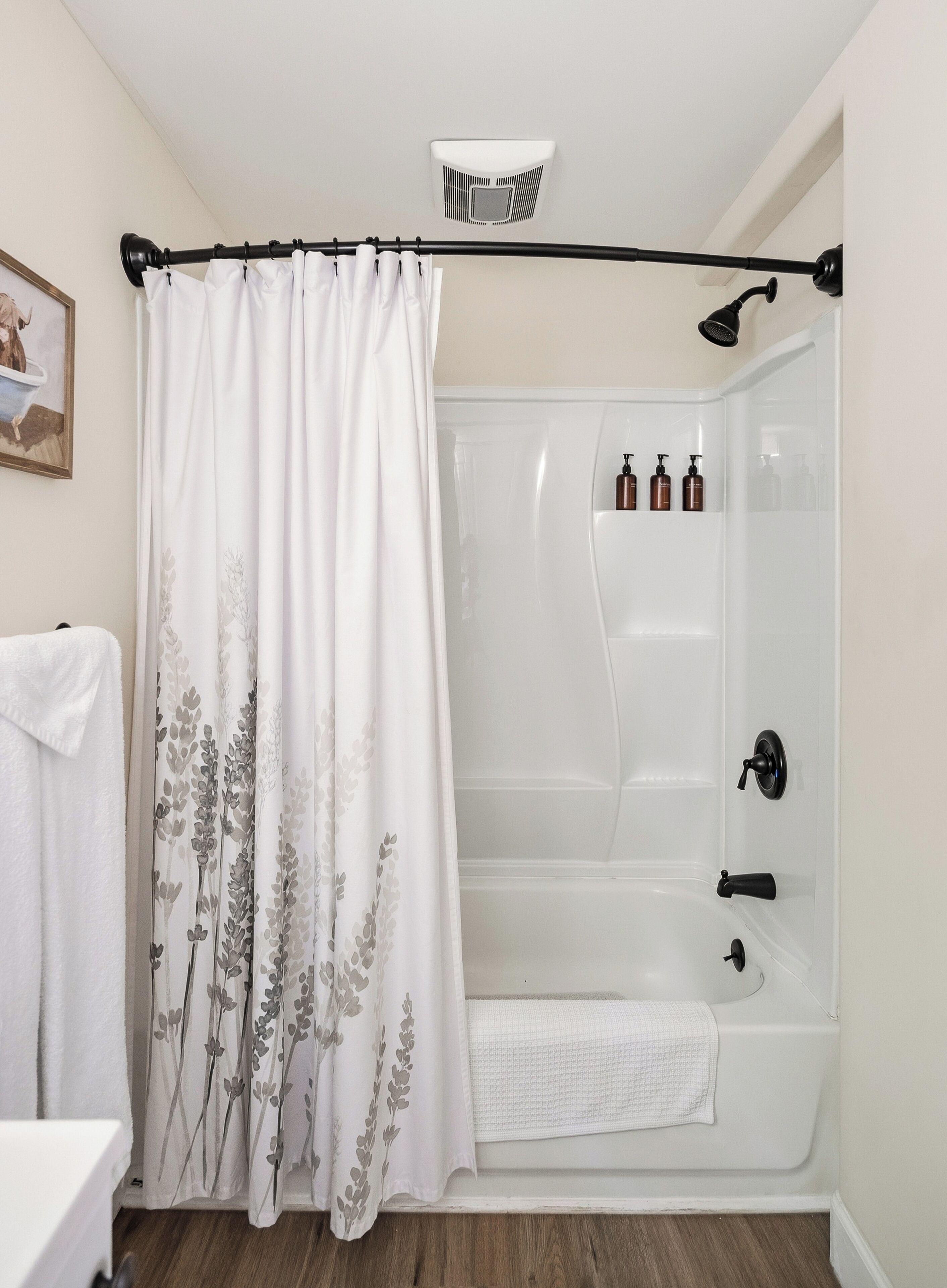 Hair dryer, towels, soap, shampoo