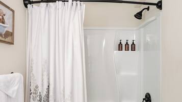 Hair dryer, towels, soap, shampoo