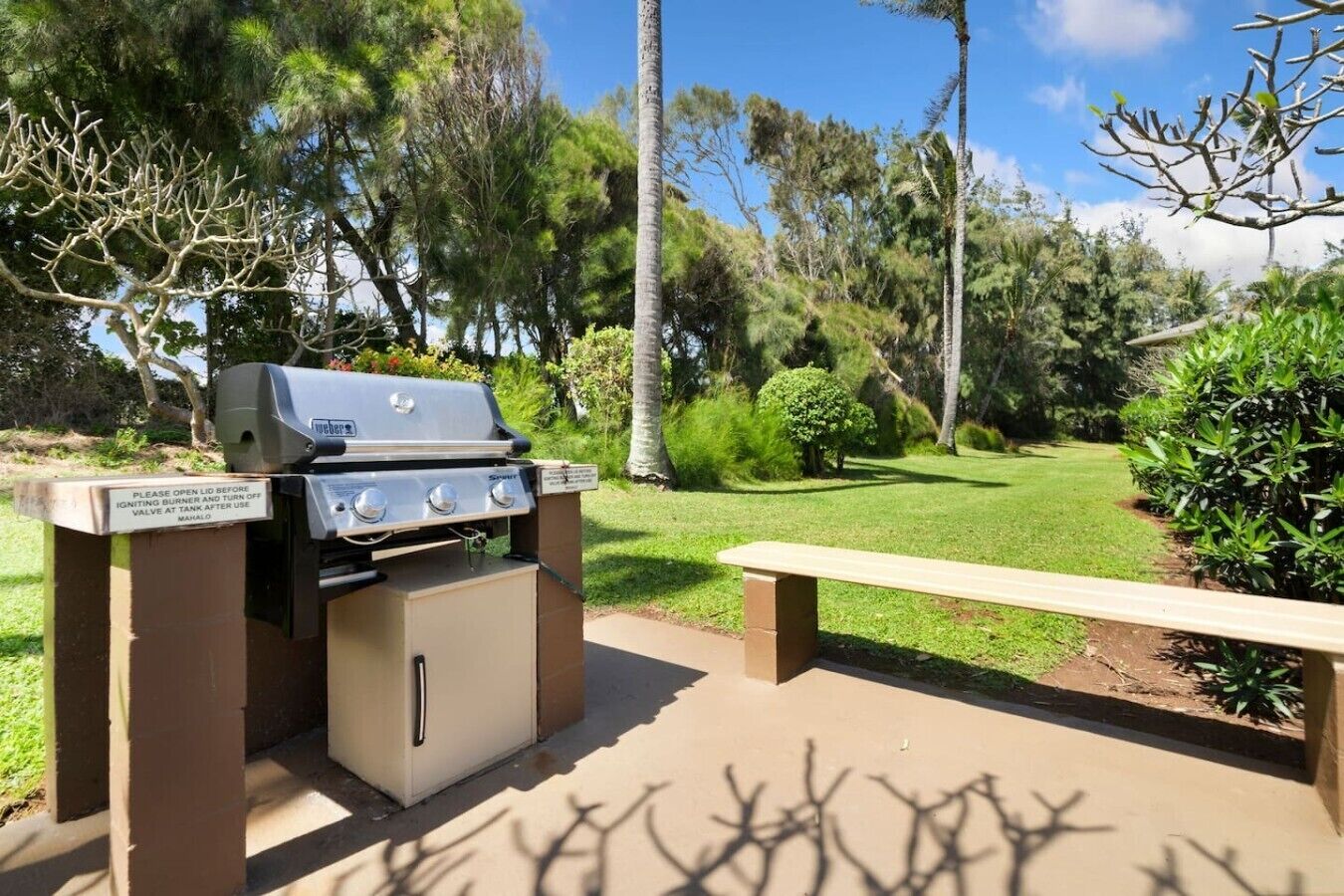 An outdoor grill station with a bench, surrounded by greenery and trees.