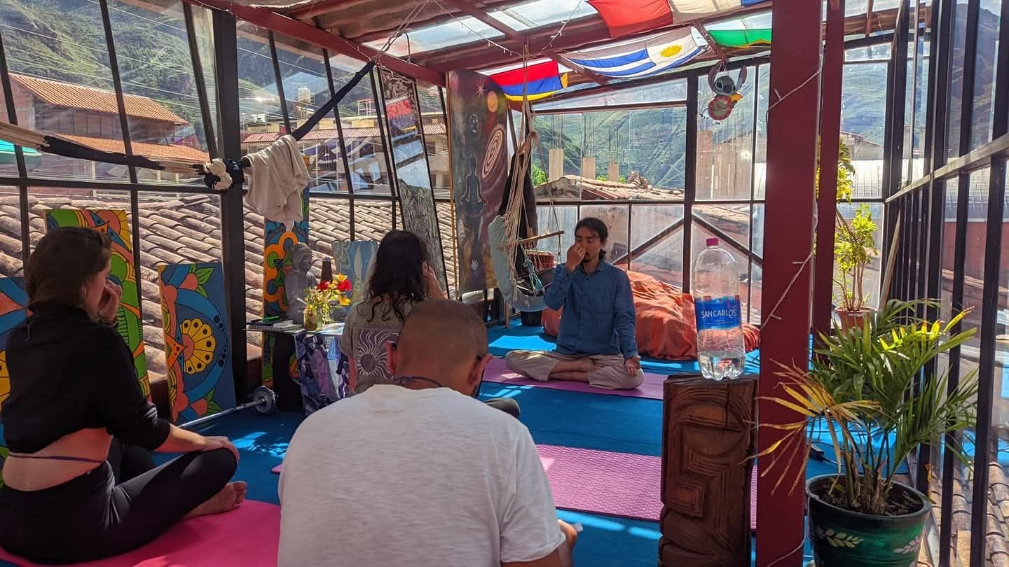 A yoga class in a room with large windows, colorful artwork, and a potted plant.