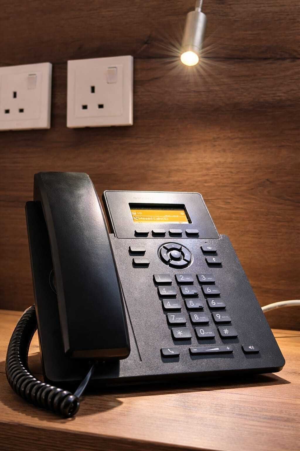 A black telephone with a keypad and a small screen, placed on a wooden surface with a coiled cord.