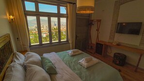 Quarto de hotel com cama, televisão, janela com vista para a cidade e chuveiro.