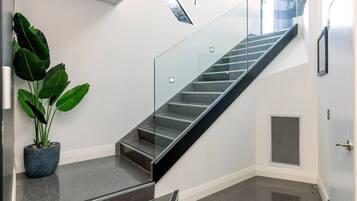A modern interior with a glass staircase, a potted plant, and a vent.