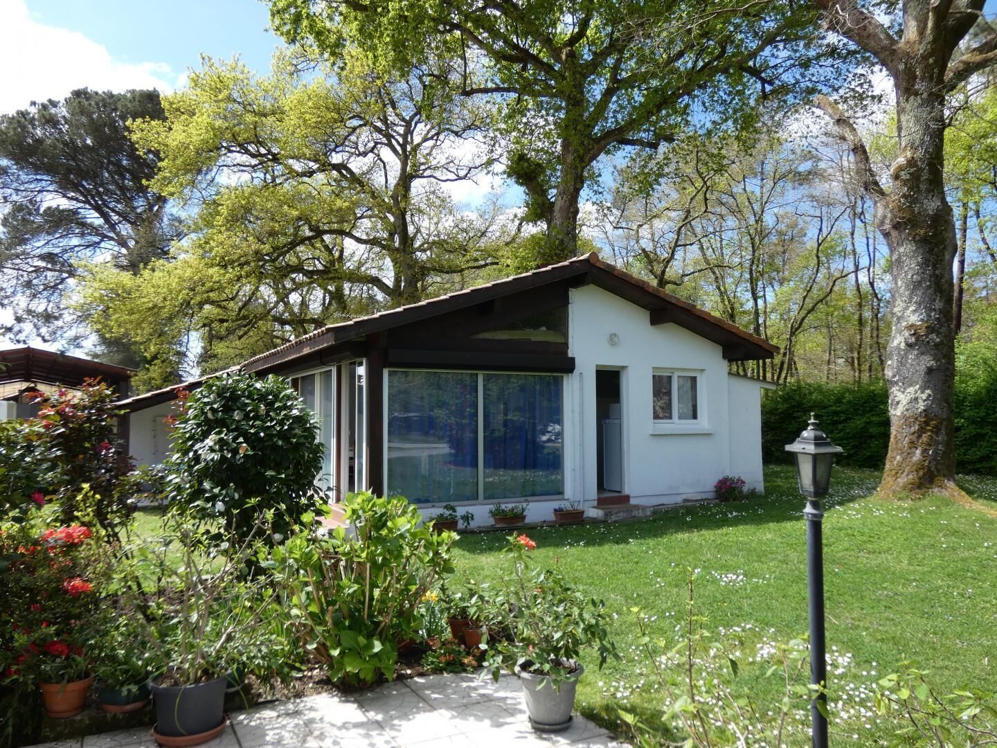 A small white house with a brown roof, surrounded by a garden with various plants and flowers.