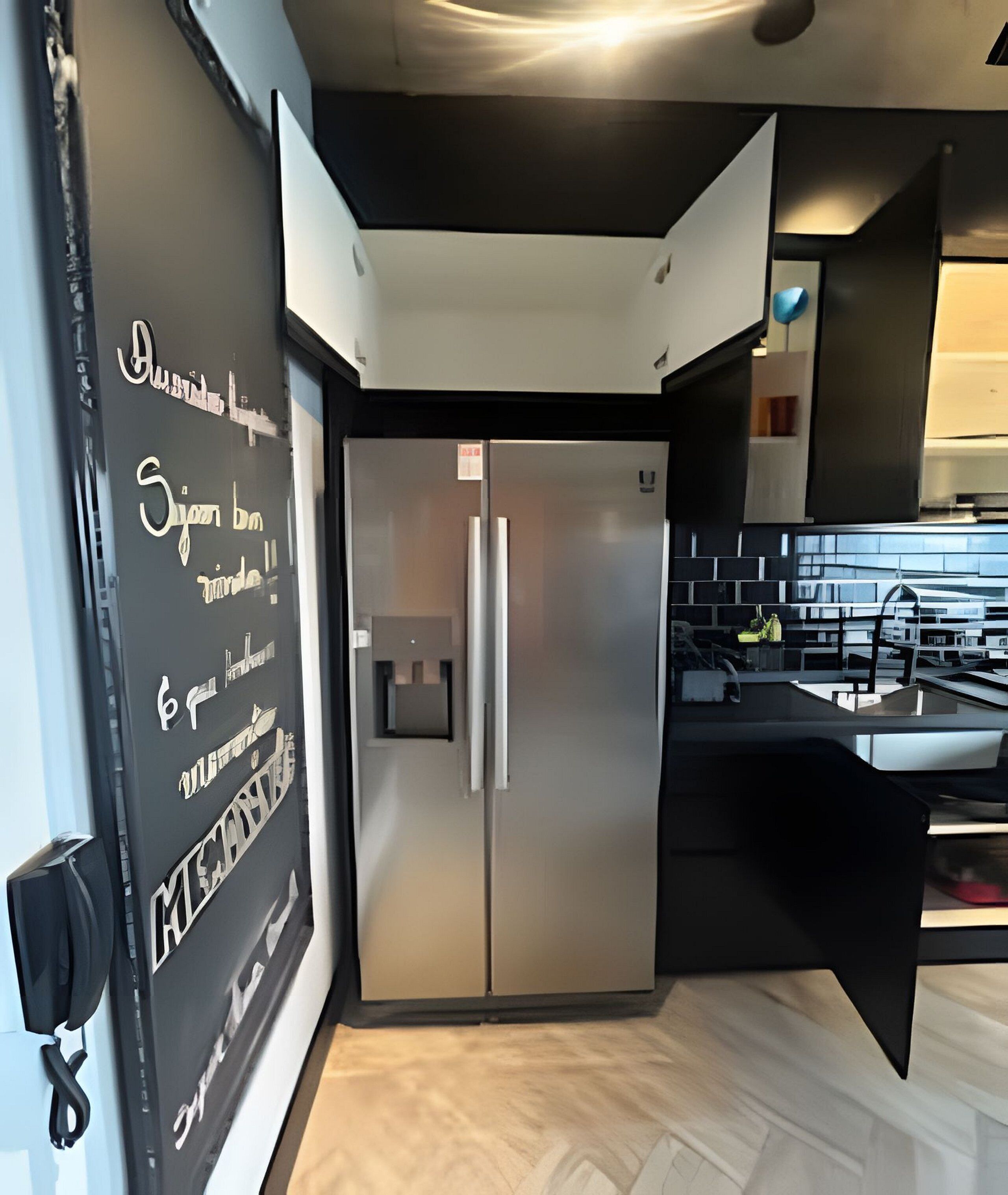 A modern kitchen with a stainless steel refrigerator, black cabinetry, and a wooden floor.
