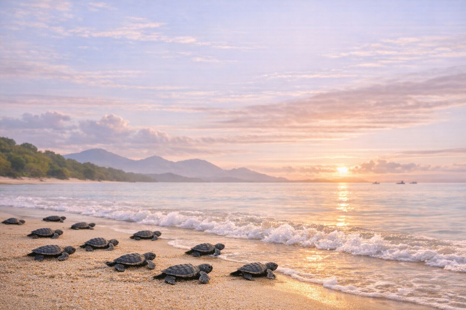A beach with turtles on the sand and a sunset in the background.