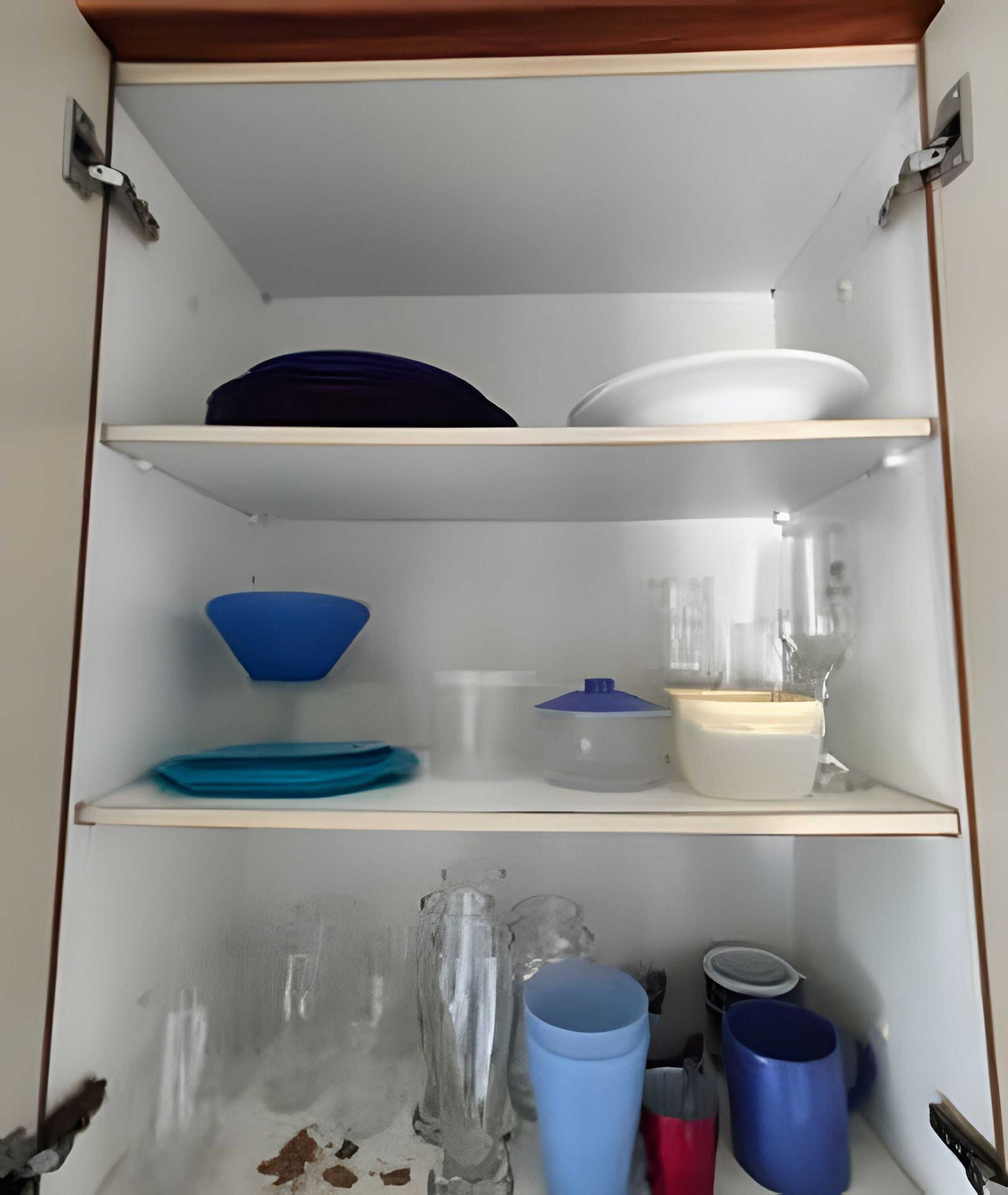 A kitchen cabinet with shelves holding various kitchenware, including bowls, a blender, and glasses.