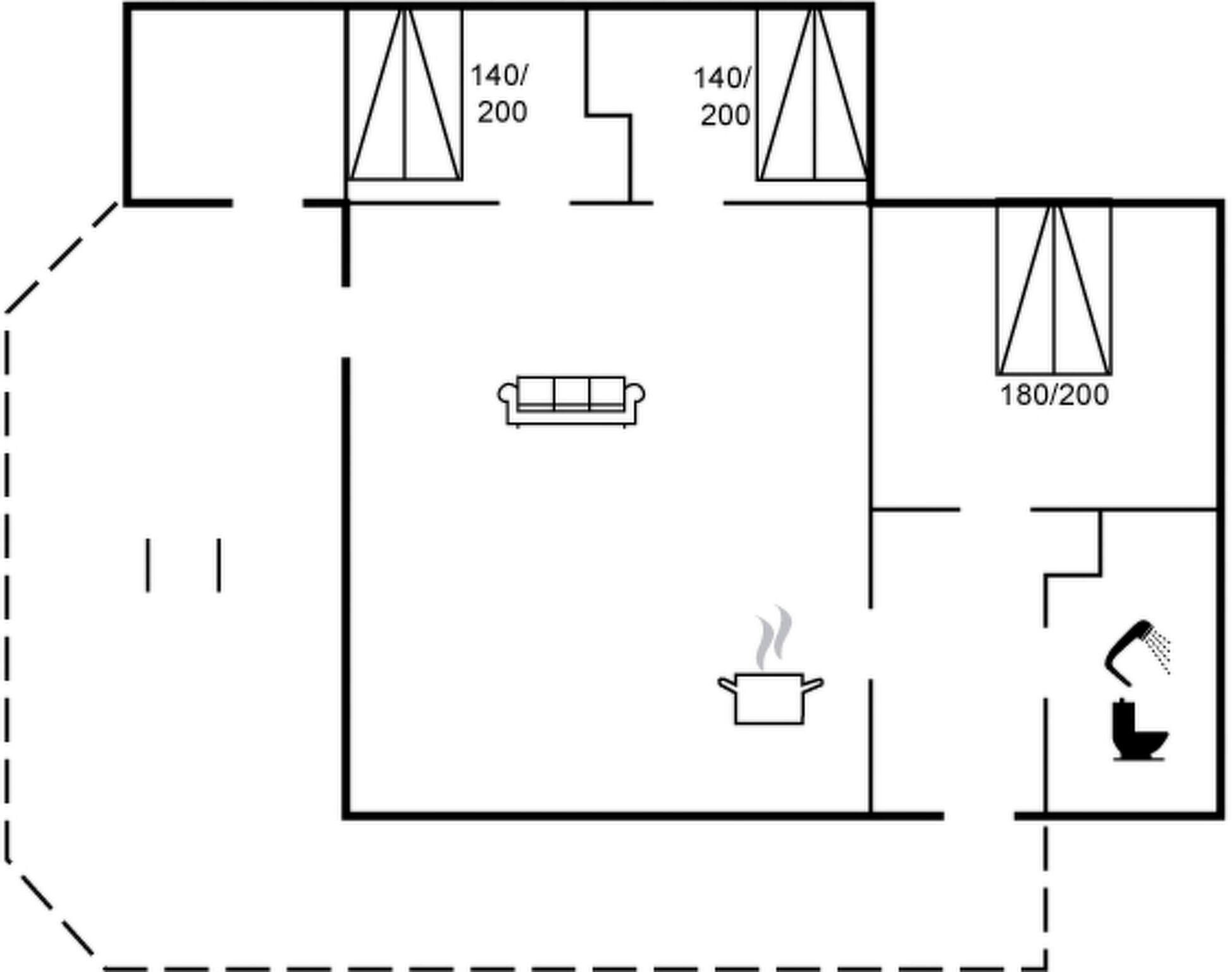 Grundrids der viser en opholdsstue, tekøkken og badeværelse.