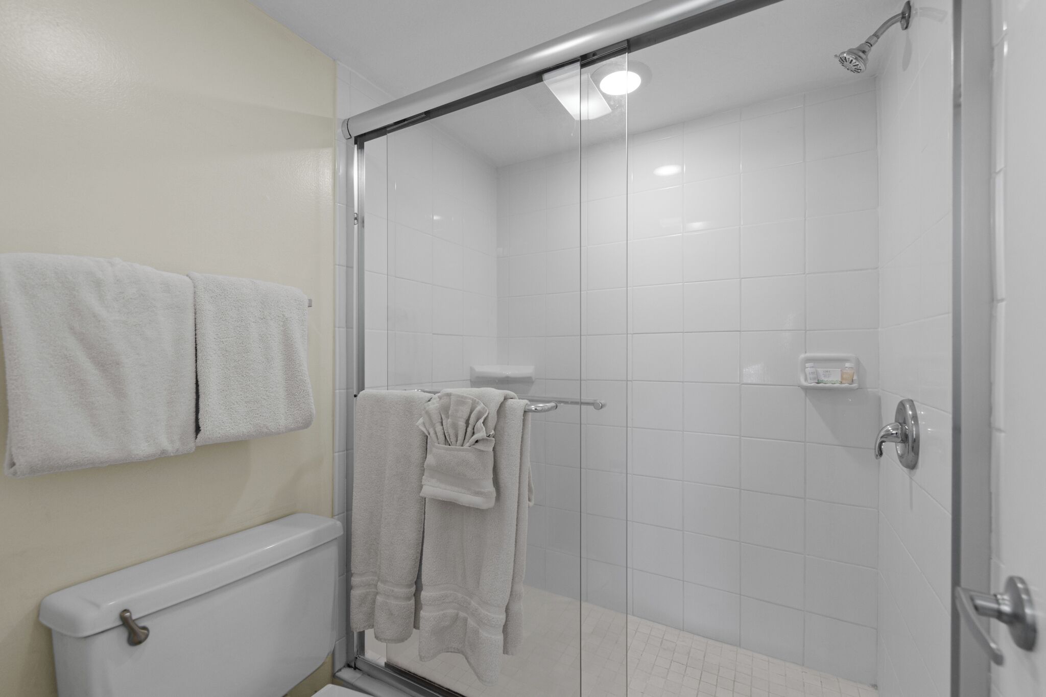A bathroom with a glass-enclosed shower, a toilet, and two towels hanging on the wall.