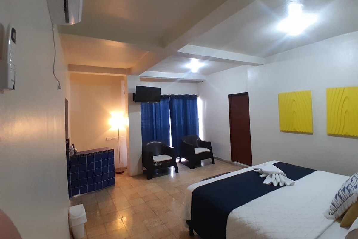 A hotel room with a bed, two chairs, a desk, a TV, and a door.