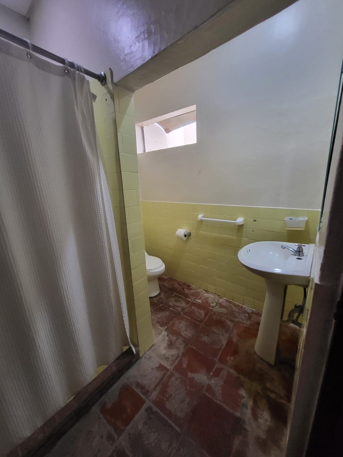 A bathroom with a toilet, a sink, and a shower curtain.