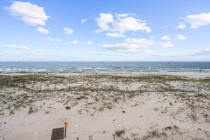 Uma praia com dunas de areia, uma cerca e uma placa.