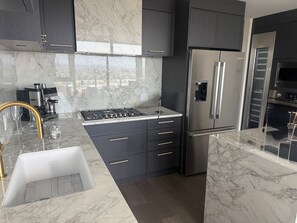 A modern kitchen with a built-in gas stove, stainless steel appliances, and dark cabinetry. - Aqua Waterfront Resort (Kelowna)