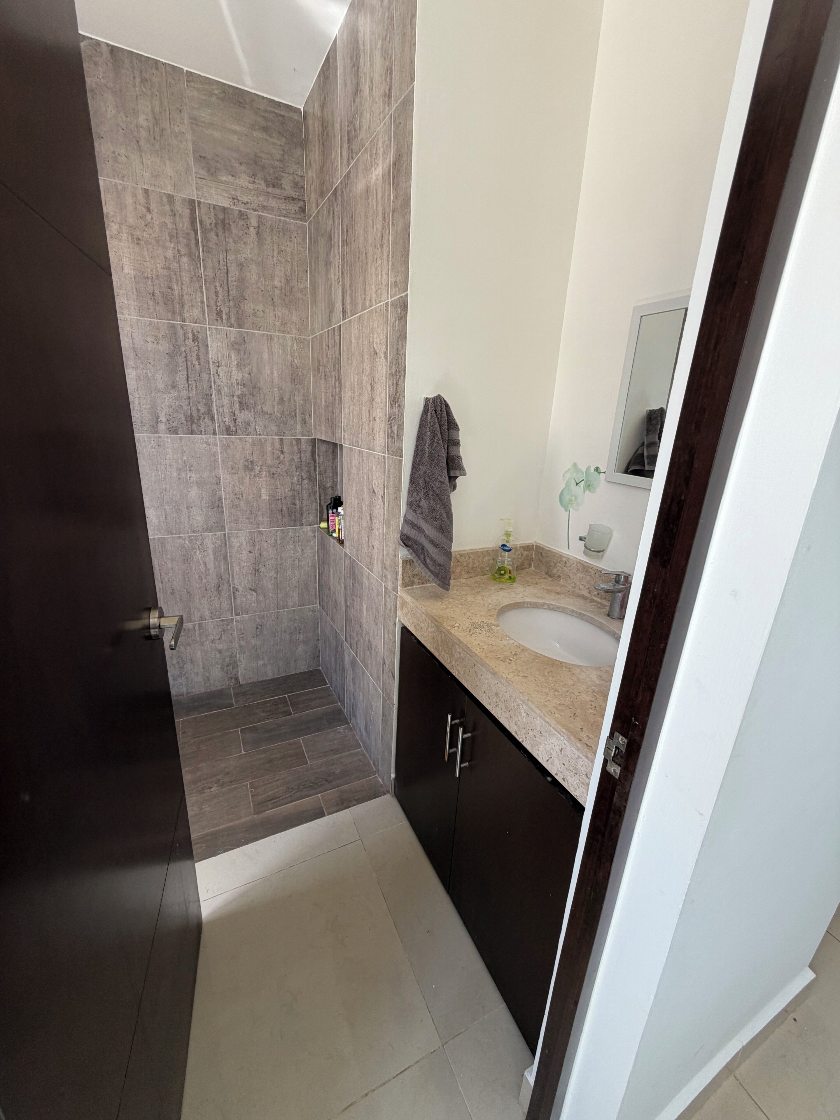 Ein Badezimmer mit Dusche, Waschbecken und Spiegel.