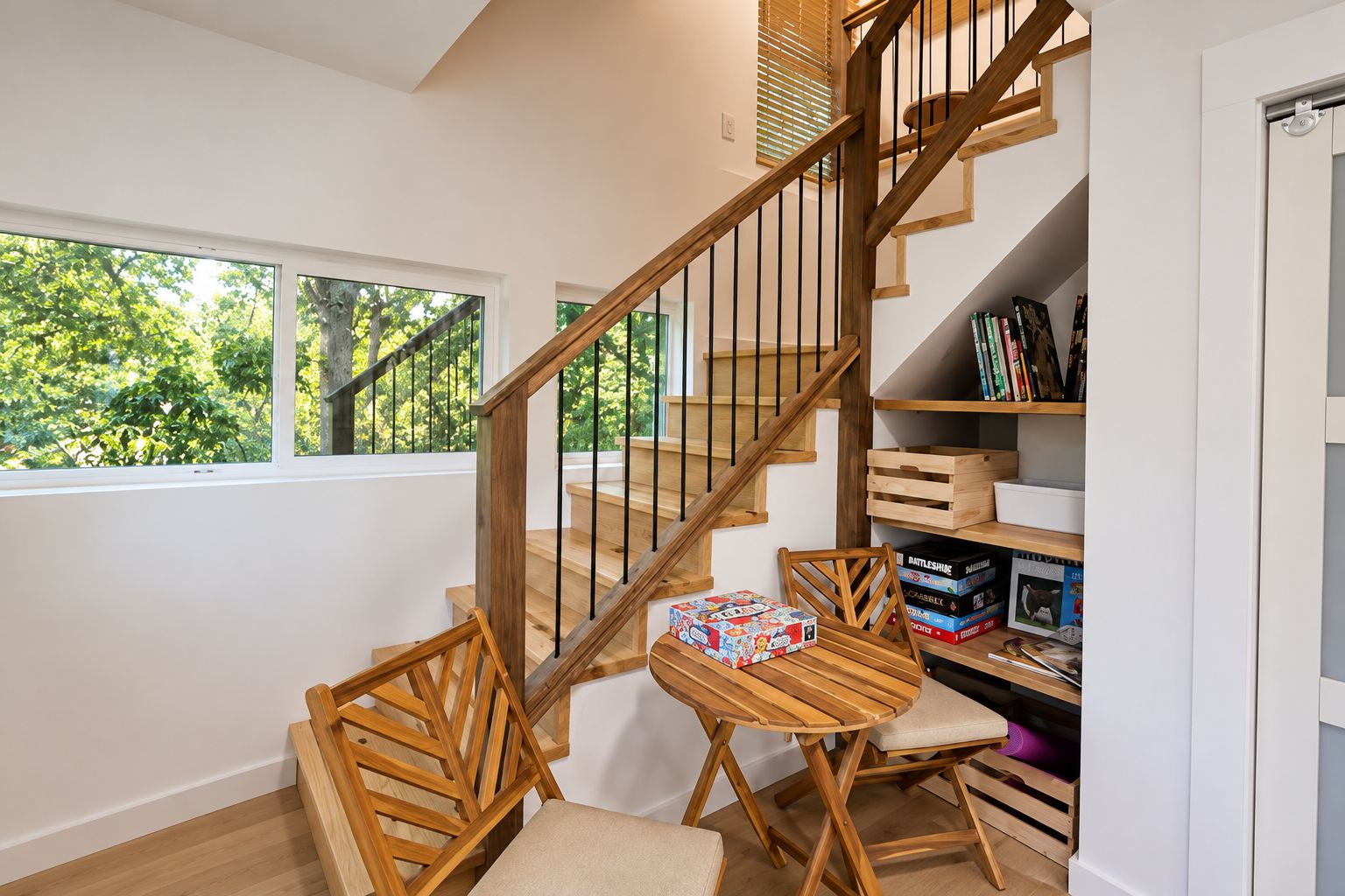 Eine Treppe mit Holzwangen führt zu einem Bücherregal, das mit Büchern und Spielen gefüllt ist.