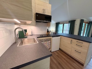 A modern kitchen with a built-in oven, a sink, and a dishwasher. There is a window with curtains and a view of trees outside. - Cabin - House of the Muse (Gordon)