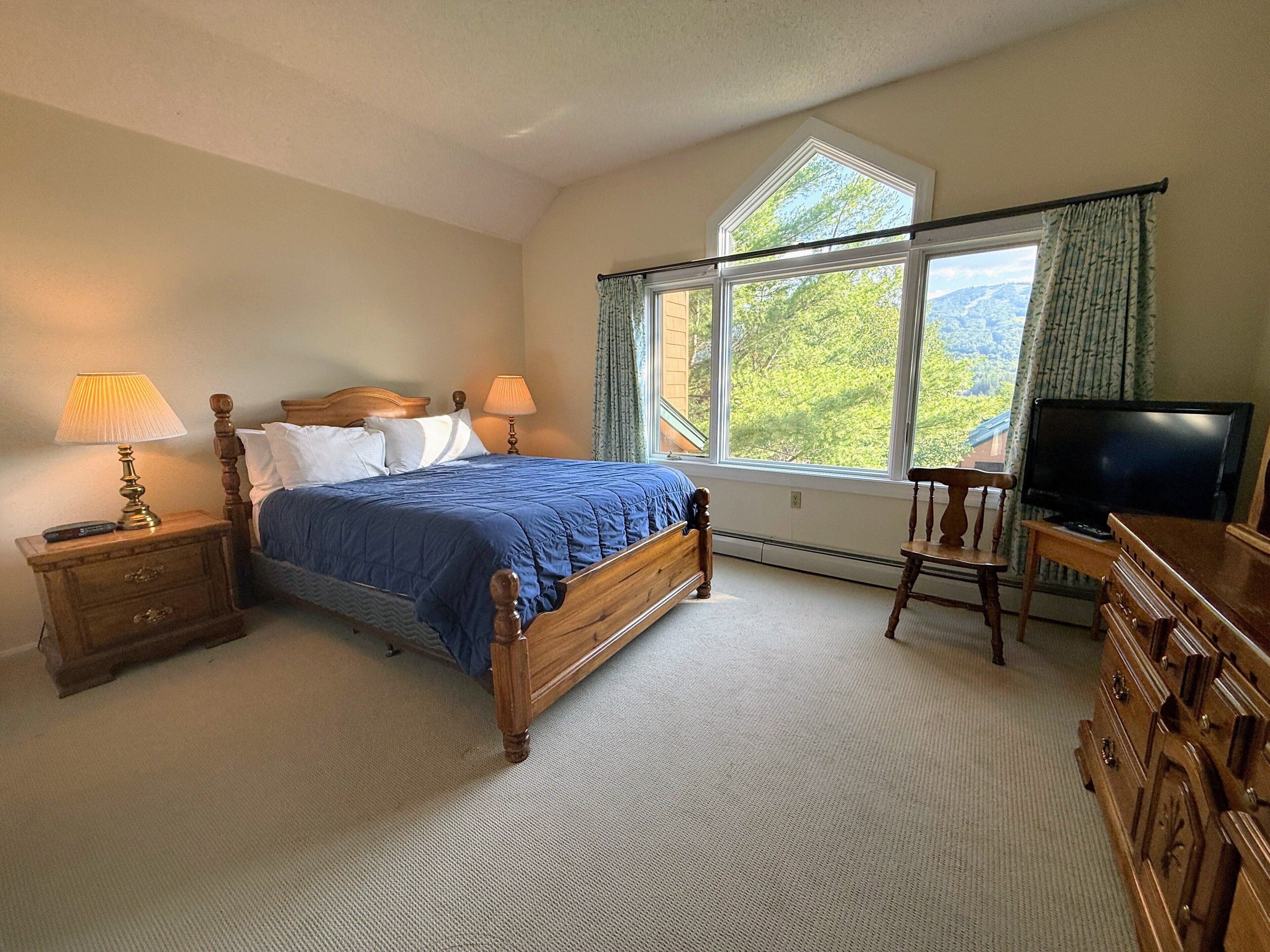 A bedroom with a bed, bedside tables, a television, and a window with curtains.