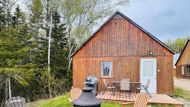 A wooden cabin with a deck, outdoor seating, and a fire pit.
