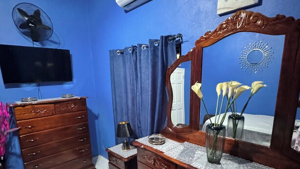 A bedroom with a blue wall, wooden dresser, TV, air conditioner, and a patterned rug. - Luxury house in soothing Spanish Town perfect for your getaway (Spanish Town)