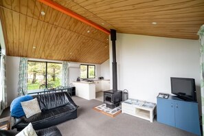 A modern living room with a black leather sofa, a television on a cabinet, and a wood-burning stove.