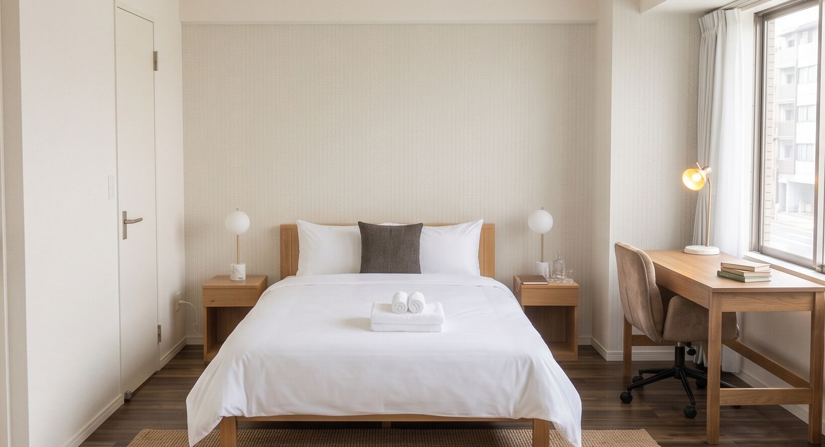 A hotel room with a large bed, bedside tables, a desk, and a window.