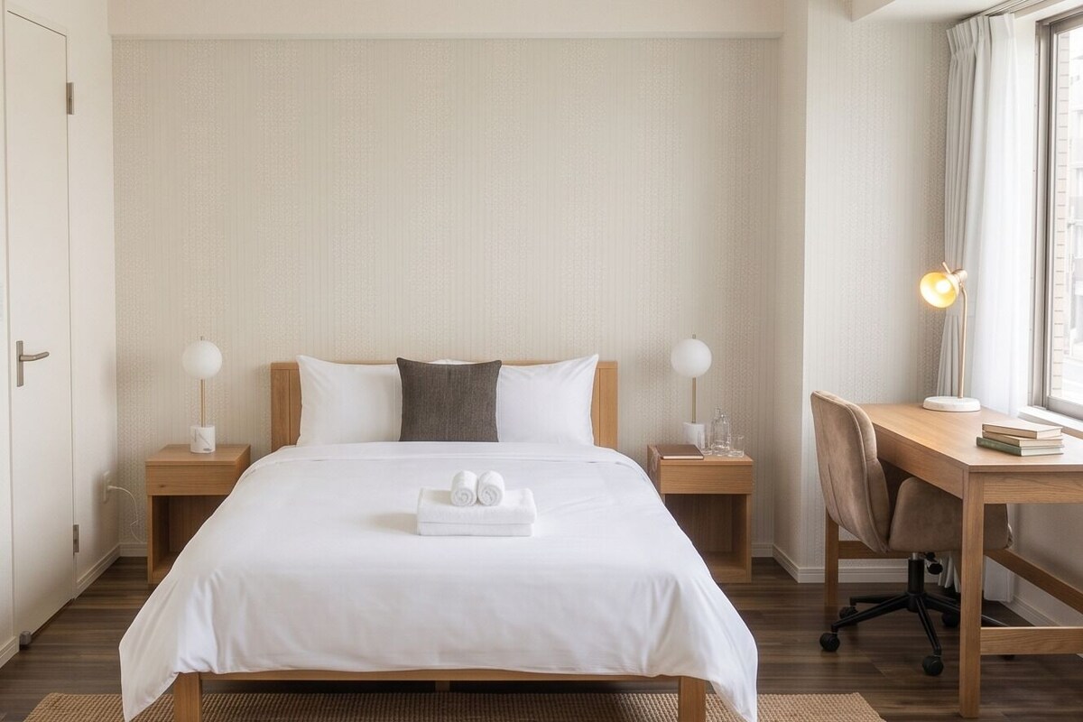 A hotel room with a large bed, bedside tables, a desk, and a window.