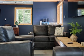A dark blue room with a leather sofa, a wooden table, and a window with a view of greenery.