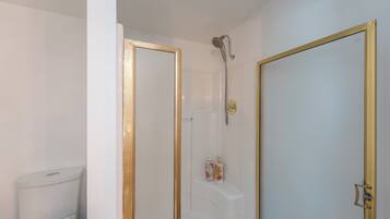 Un baño con ducha, inodoro y dos puertas.