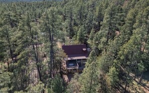 A single-story house surrounded by dense pine forest. - Strawberry AZ Cabin | Deck + Firepit + Forest (Pine)