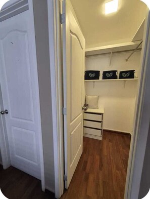 Ein begehbarer Kleiderschrank mit weißer Tür, eine kleine weiße Kommode und drei schwarze Aufbewahrungsboxen mit weißen Federapplikationen.
