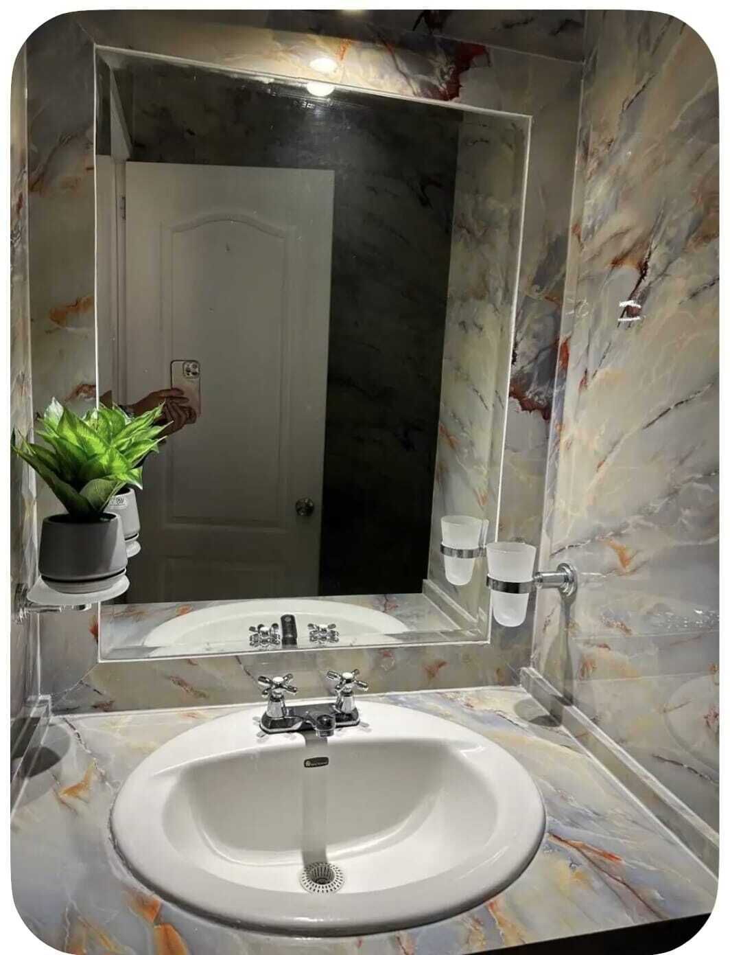 A bathroom with a marble sink, a large mirror, and a potted plant.