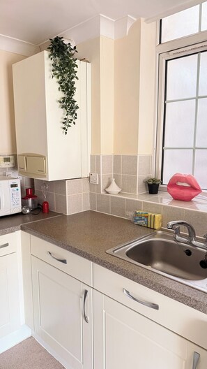 A kitchen with white cabinets, a stainless steel sink, a microwave, and a plant on the wall. - Apartment Sleeps 6 with in Kilburn Lane (London)