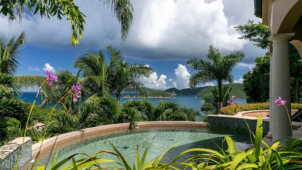 Ein Poolbereich mit tropischer Bepflanzung und Blick aufs Meer.