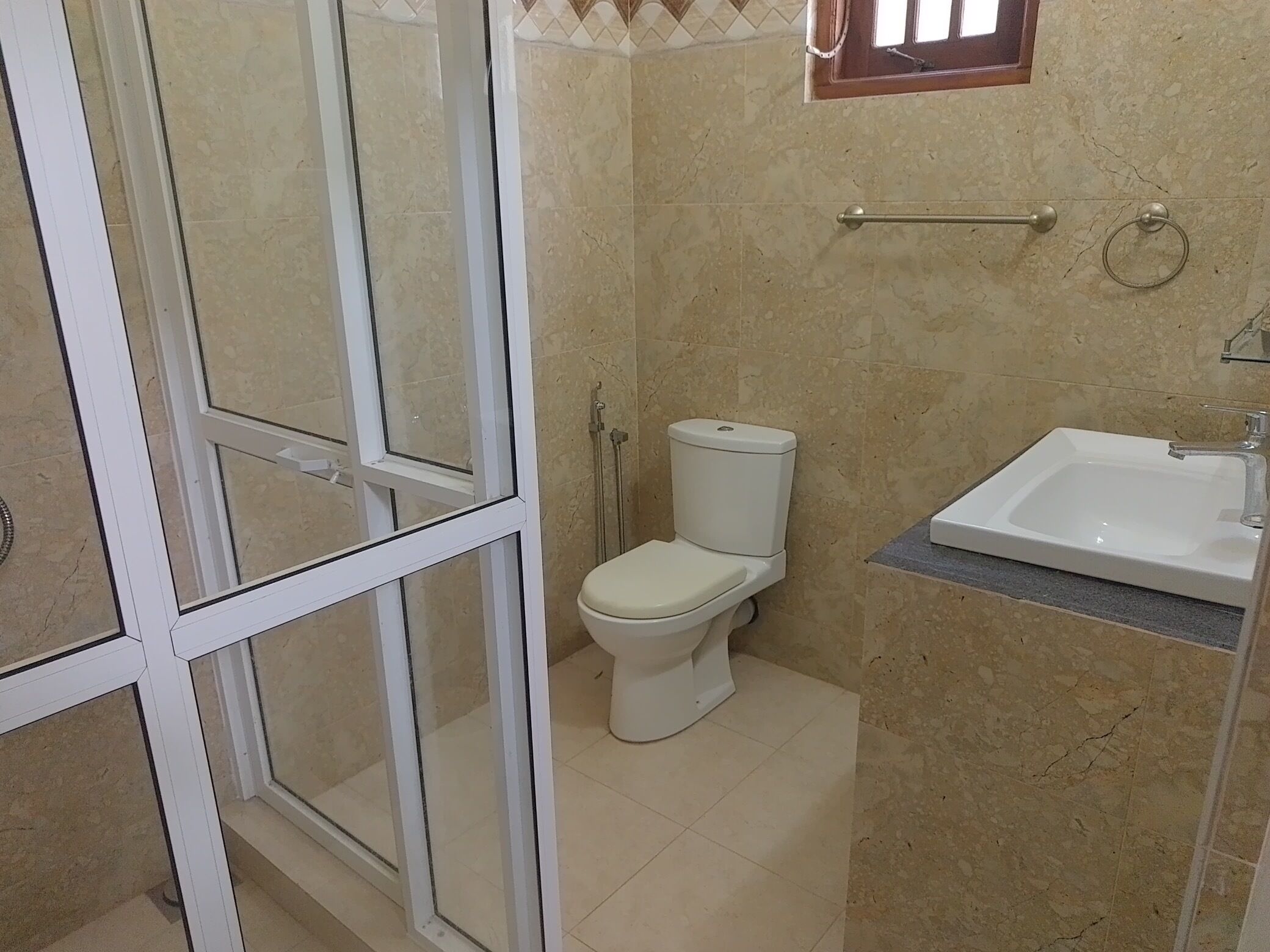Shower, hair dryer, bidet, towels
