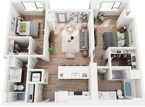 A modern apartment layout with a living room, kitchen, two bedrooms, and a bathroom. - The Lakeview Guesthouse-2 Bedroom/2 Bath with sweeping view of Lake Superior (Duluth)