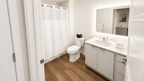 A modern bathroom with a toilet, sink, and mirror. - One Bedroom King bedded room with direct views of Lake Superior (Duluth)