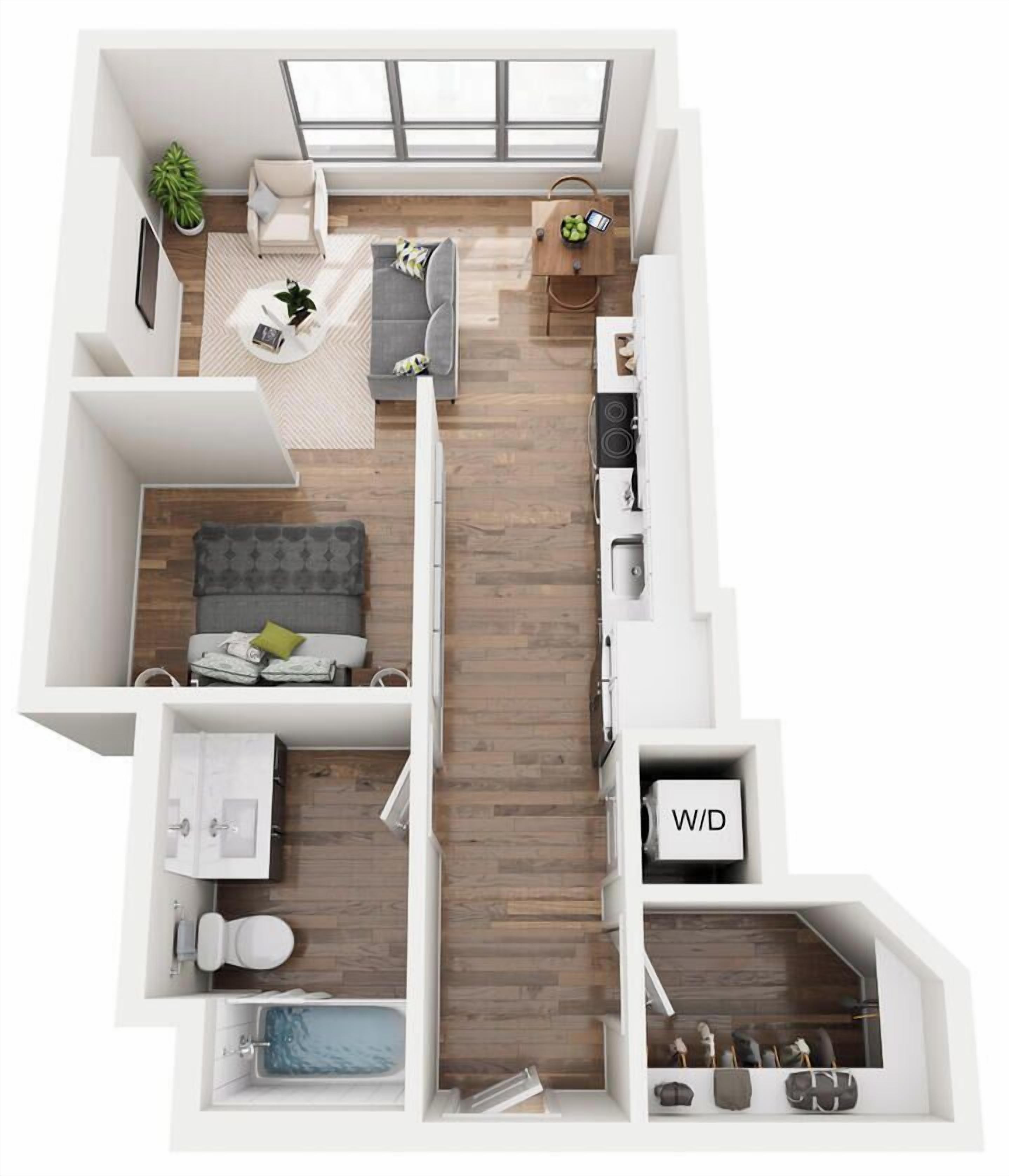 A modern apartment layout with a living area, kitchen, dining space, and a small bedroom.