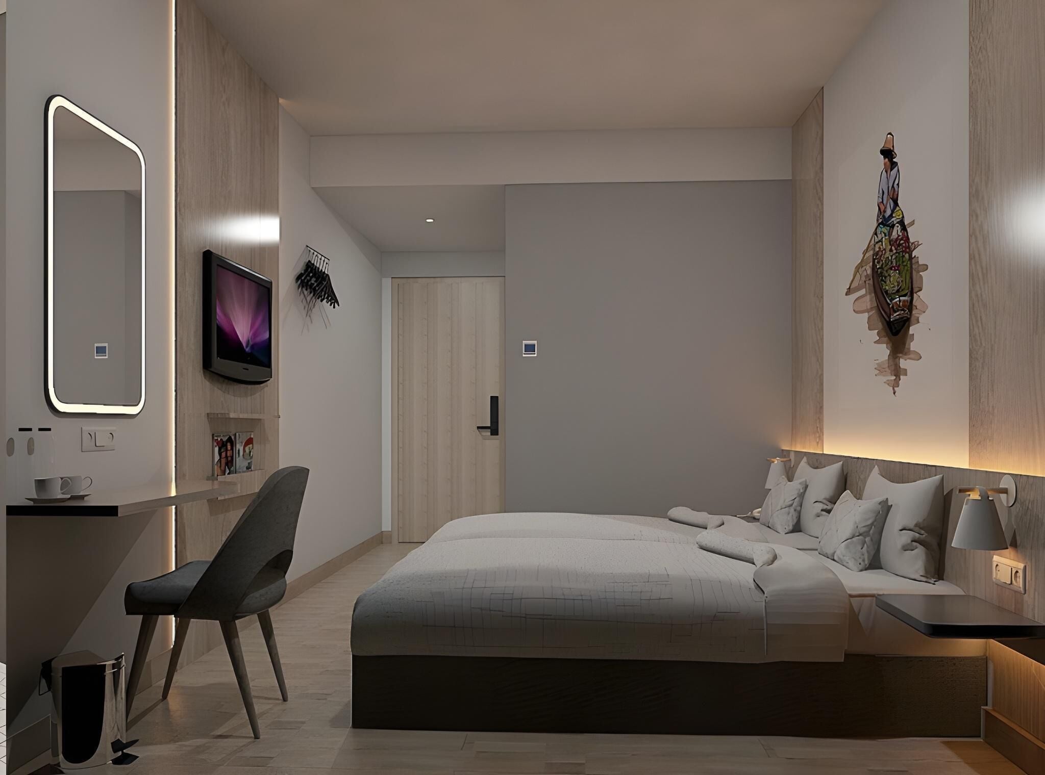 A modern bedroom with a large bed, bedside tables, a desk with a chair, a television, and a decorative wall piece.