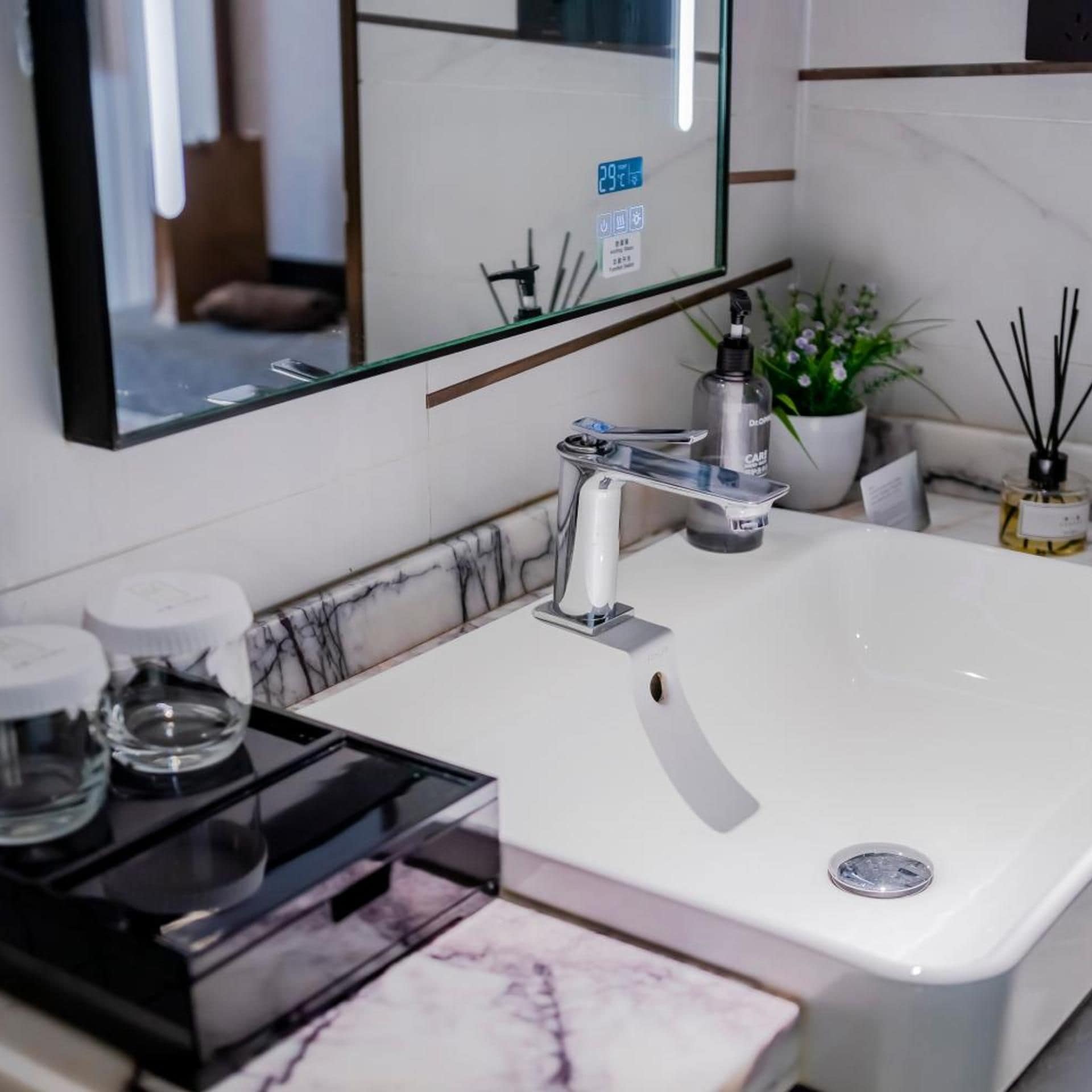 A bathroom with a white sink, a mirror, and a potted plant.