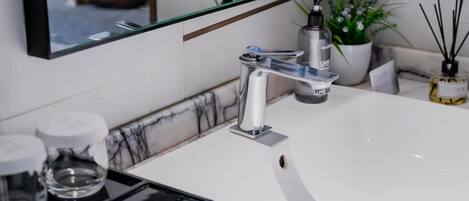A bathroom with a white sink, a mirror, and a potted plant.