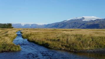 A river flowing through a grassy field with mountains in the background.