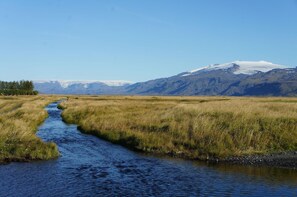 Un río que serpentea por un campo cubierto de hierba, con montañas al fondo.