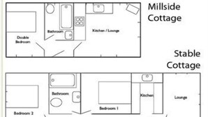 A floor plan of a cottage with a double bedroom, a bathroom, a kitchen/lounge, and a lounge area. - Watermill Farm (Lincoln)