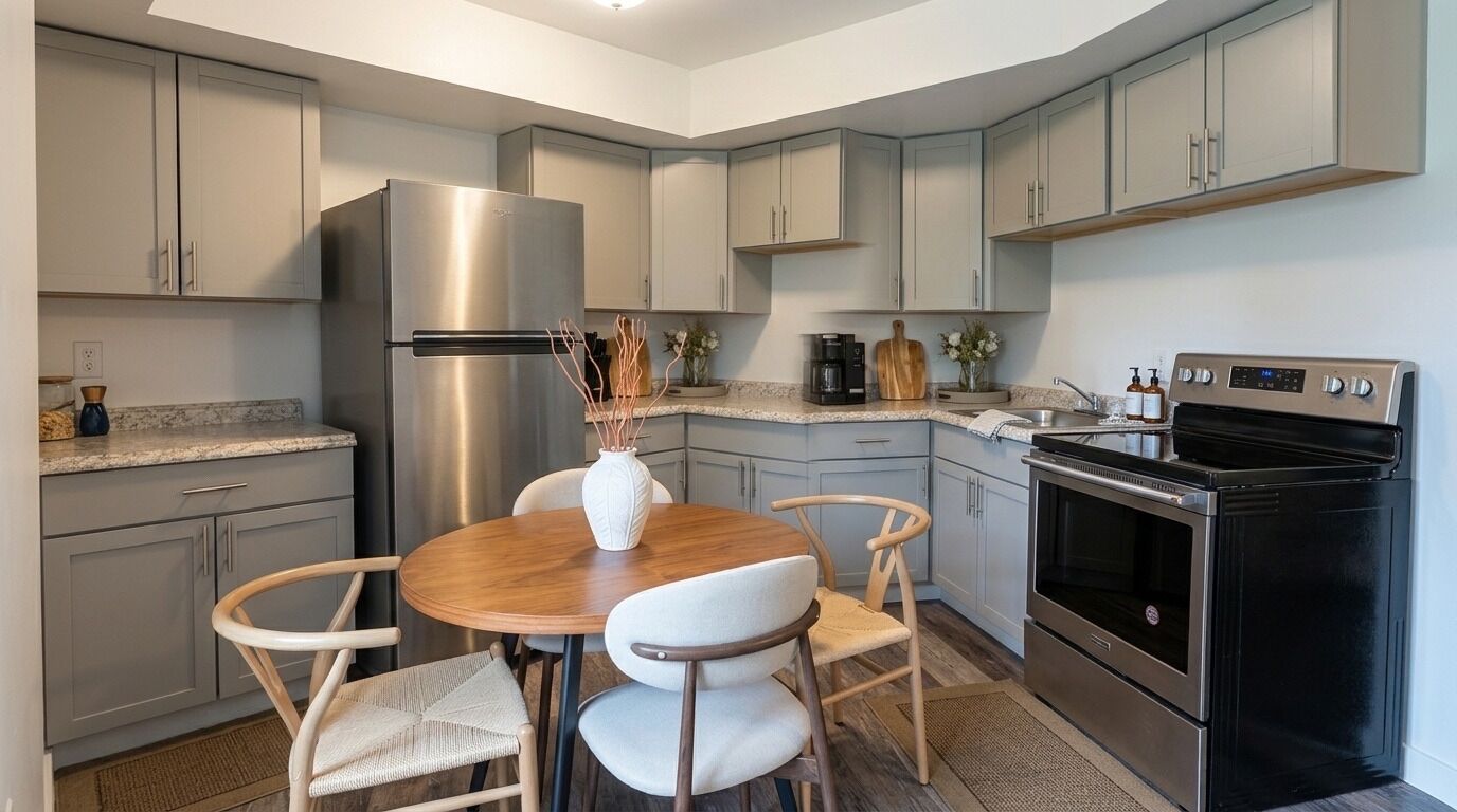 A modern kitchen with grey cabinets, a stainless steel refrigerator, a black oven, and a wooden dining table with chairs.