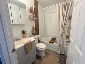 Hair dryer, towels, soap, toilet paper