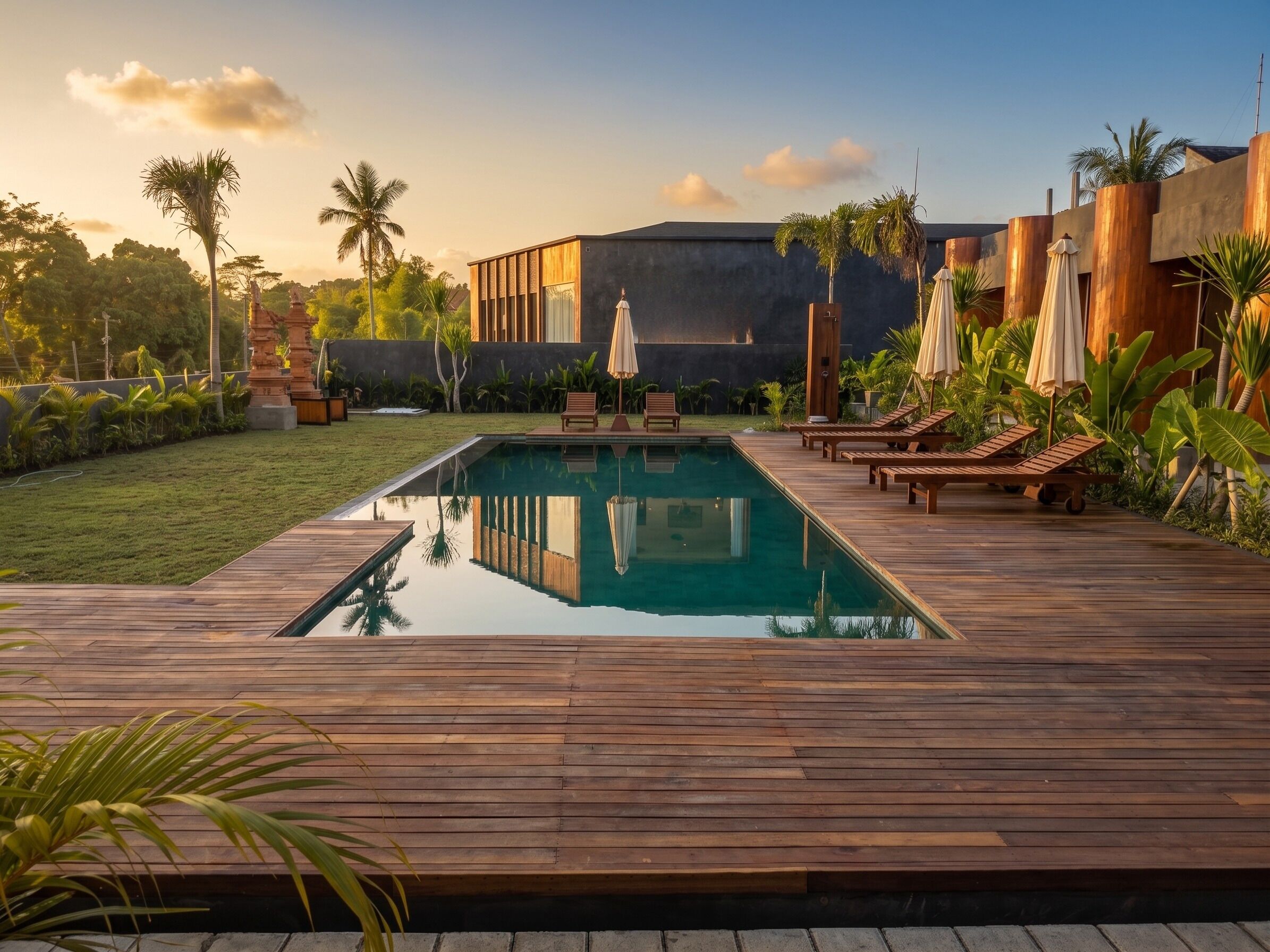 A pool area with wooden decking, lounge chairs, and umbrellas.